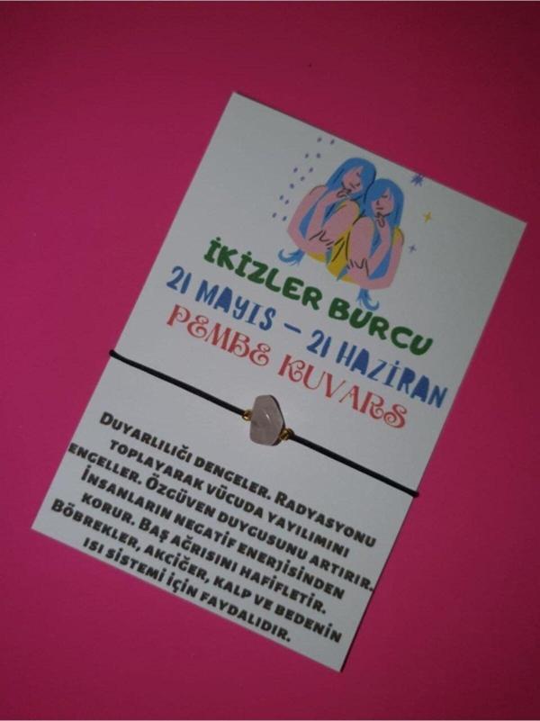 Sertifikalı Ikizler Burcu Pembe Kuvars Doğal Taşlı Ip Burç Bilekliği - Image 1