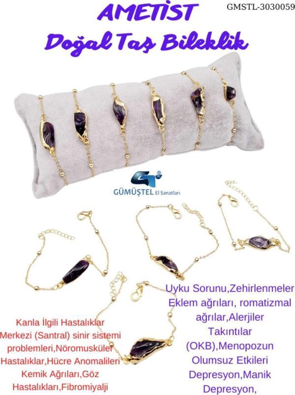 Sertifikalı Doğal Işlenmemiş Ametist Taşı Bileklik Tasarım Sevgiliye Anneye Hediye Sürpriz Hediyeli - Image 1