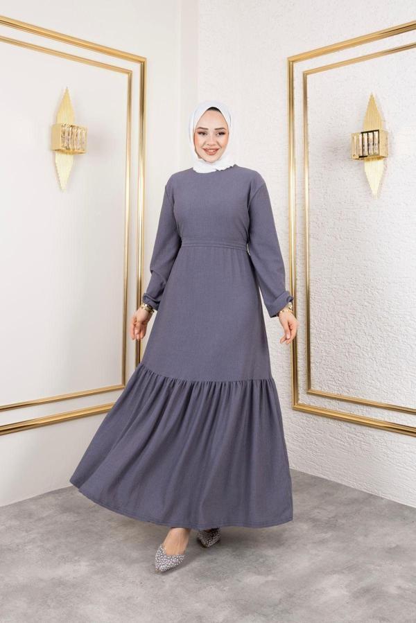 Sfg Life Moda Kadın Belden Kuşaklı Ve Bisiklet Yaka Bürümcük Kumaş Elbise Lila M-L - Image 1
