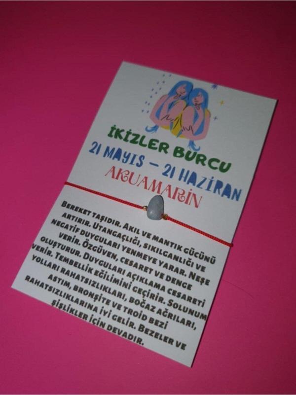 Sertifikalı Ikizler Burcu Akuamarin Doğal Taşlı Ip Burç Bilekliği - Image 1