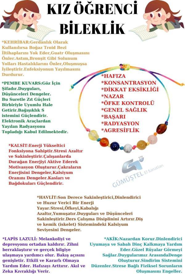 Sertifikalı Kız Öğrenci Bileklik Kehribar Pembe Kuvars Kalsit Havlit Lapis Lazuli Akik Gökkuşağı Ip - Image 1