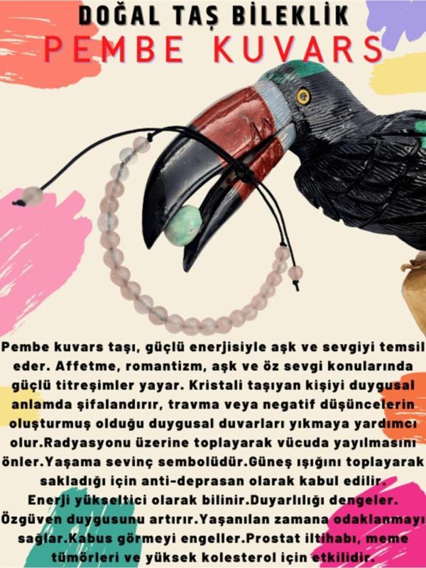 Sertifikalı Pembe Kuvars Doğal Taş Bileklik Ayarlamalı Kilit Sistemi Her Bileğe Uyumlu - Image 1