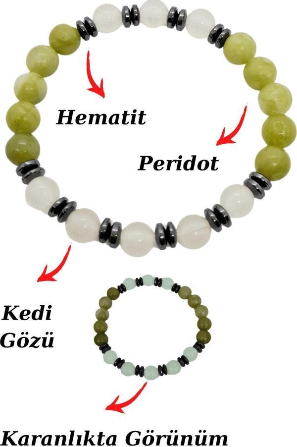 Sertifikalı Peridot Kedi Gözü Hematit Doğal Taş Bileklik Karanlıkta Işık Saçar - Image 1