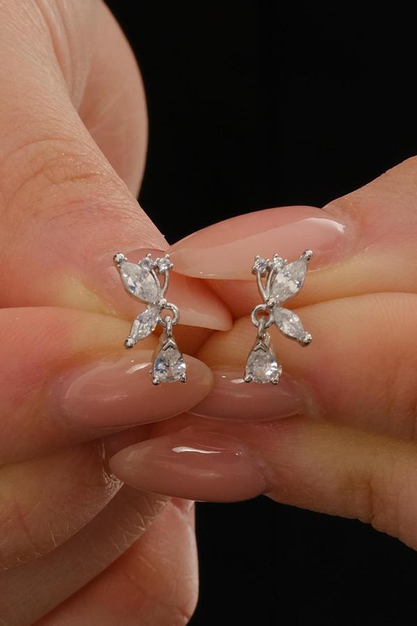Taşlı Kelebek Rodyumlu Mini Gümüş Küpe 7389 - Image 1