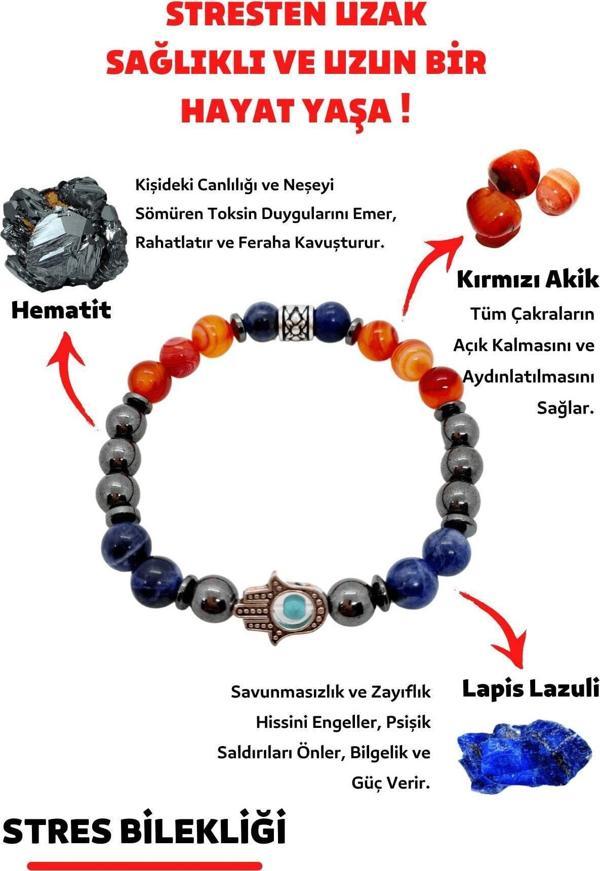 Sertifikalı Stres Doğaltaş Tılsım Bilekliği Kırmızı Akik Hematit Lapis Lazuli Doğal Taş Bileklik - Image 1