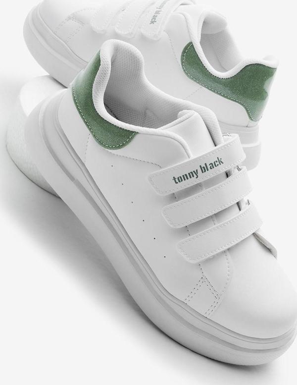 Tonny Black Çocuk Unisex Beyaz Su Yeşili Eva Faylon Taban Üç Cırtlı Spor Ayakkabı - Image 1