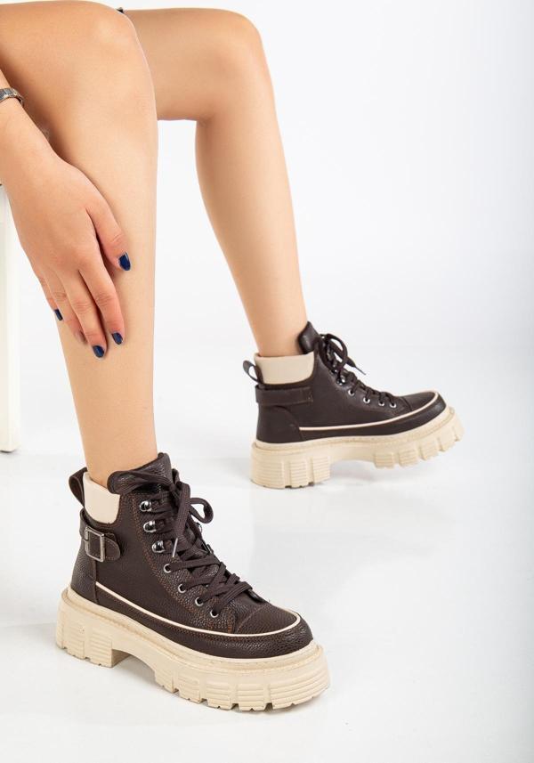 Tonny Black Kadın Kahve Yüksek Poli Taban Yanı Tokalı Bağcıklı Bot - Image 1