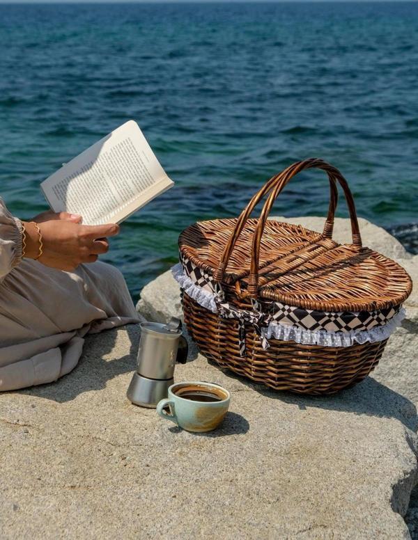 Marilena - Hasır Kapaklı Kulplu Naturel Piknik Sepeti - Image 1