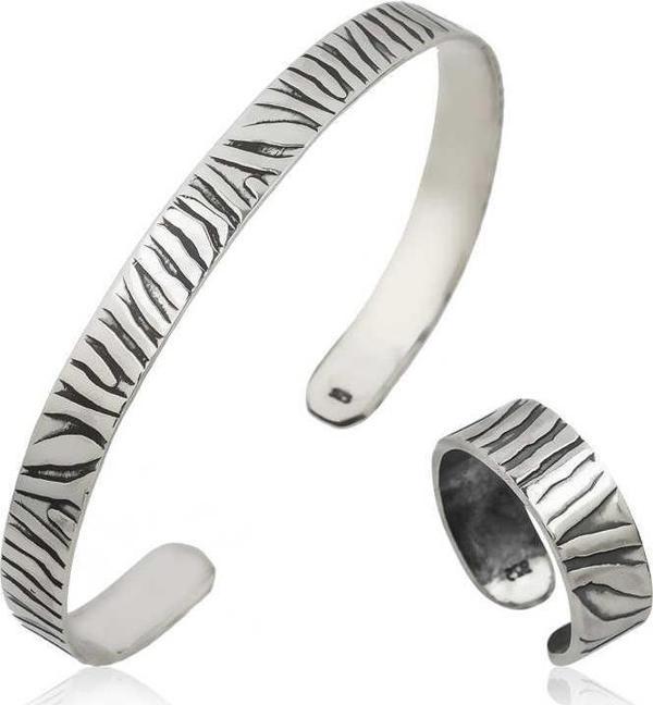 Gümüş Zebra Desenli Bileklik Ve Yüzük Set SL2970 - Image 1