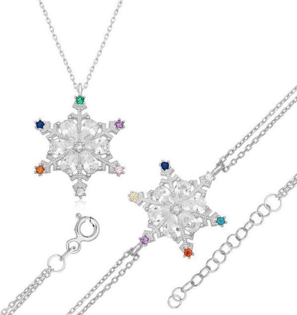 Gümüş Renkli Taşlı Kar Tanesi Kadın Set SL7252 - Image 1
