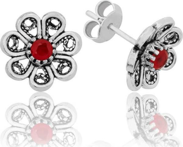 Gümüş Kırmızı Telkari Çiçek Çivili Küpe SL2202 - Image 1