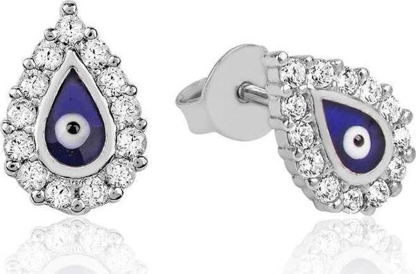 Gümüş Beyaz Taşlı Nazar Damla Çivili Küpe SL6297 - Image 1