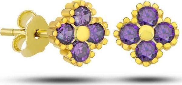 Gümüş Gold Yonca Çivili Mor Taşlı Çocuk Küpe SL5588 - Image 1