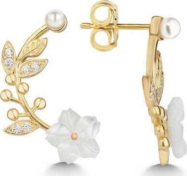 Gümüş Gold Sedef Çiçek Çivili Kadın Küpe SL5461 - Image 1