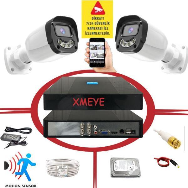 2 li Hareket Algılayan 5 MP Lens 4 Warm Led Gece Renkli Gösteren Güvenlik Kamerası Seti BS 2304W - Image 1