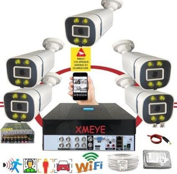 Bises 5 li Araç Yüz ve İnsan Tanımalı Hareket Algılayan 5 MP Lens 4 Warm Led Gece Renkli Gösteren Güvenlik Kamera Seti BS604W - Image 1
