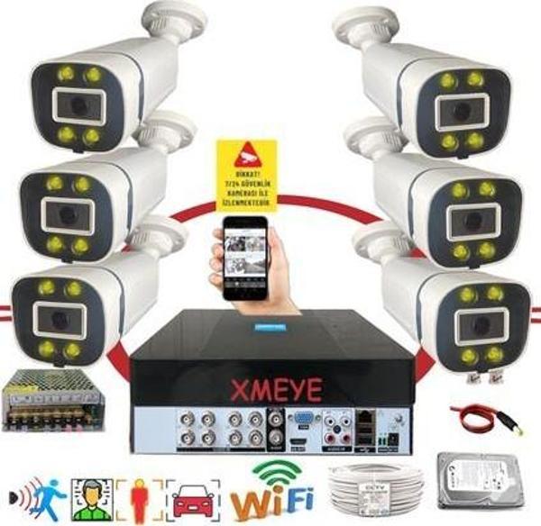 Bises 6 lı Araç Yüz ve İnsan Tanımalı Hareket Algılayan 5 MP Lens 4 Warm Led Gece Renkli Gösteren Güvenlik Kamera Seti BS604W - Image 1