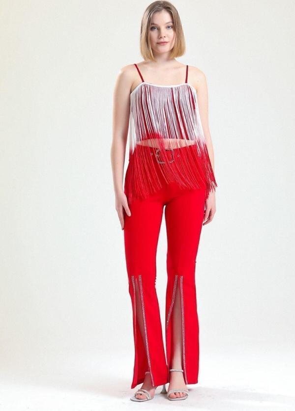 Sense Beli Kemerli Paçaları Taşlı Scuba Krep Abiye Pantolon | Pnt34185 Kırmızı - Image 1