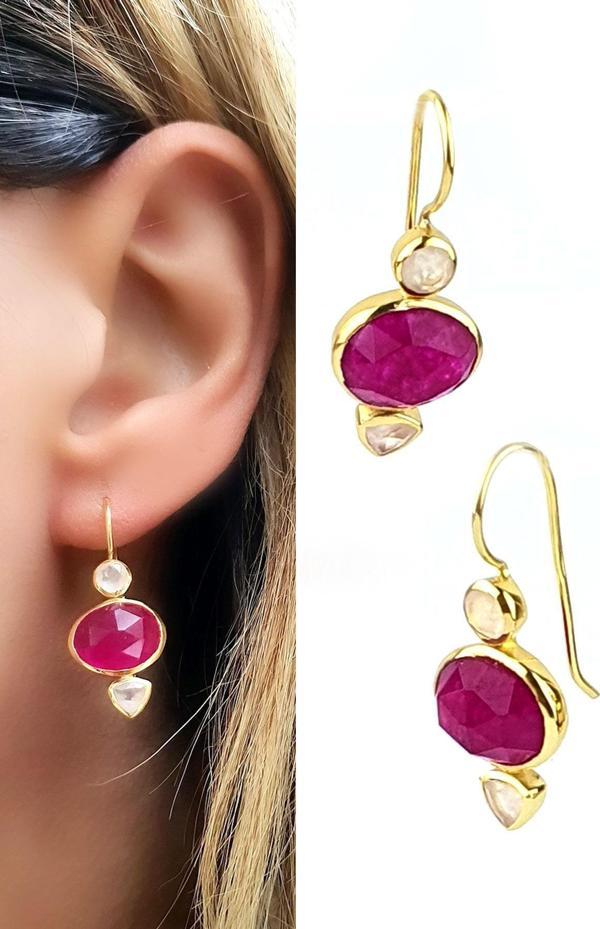 Pembe turmalin ve pembe kuvars Taşlı 925ayar Gümüş Üzerine Altın Kaplama Tasarım Küpe  - Image 1