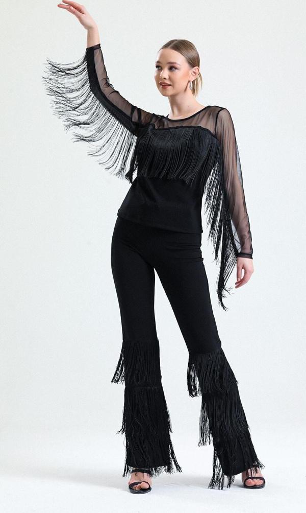 Sense Kemerli Püskülü Detaylı Scuba Krep Pantolon | Pnt34791 Siyah - Image 1