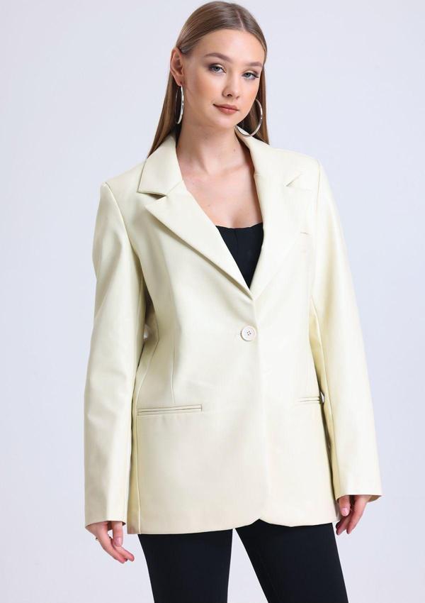 Sense Kadın Suni Deri Büyük Beden Deri Ceket | Ckt33280 Ekru - Image 1