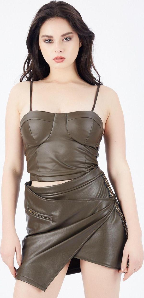 Sense İçi Süet Dışı Deri Etek | Etk32339 Hakı - Image 1