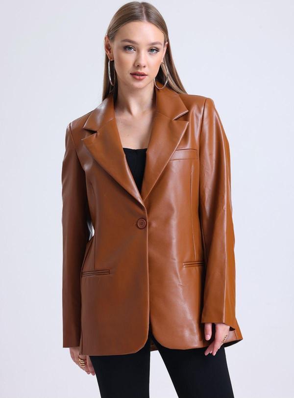 Sense Kadın Suni Deri Büyük Beden Deri Ceket | Ckt33280 Taba - Image 1