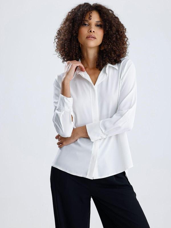 Sense Dubai Kumaş Uzun Kol Gizli Pat Kadın Gömlek | Gml36145 Beyaz - Image 1