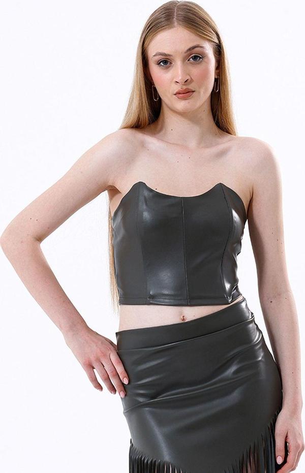 Sense Fermuarlı Suni Deri Büstiyer | Bust34504 Hakı - Image 1