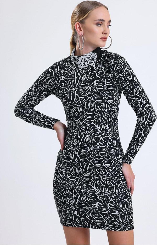 Sense Yarım Balıkçı Jakarlı Kışlık Elbise | Elb35093 Ekru Siyah - Image 1