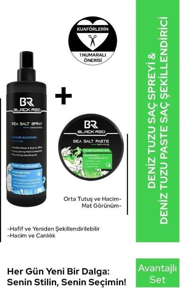 Black Red Saç Sea Salt Deniz Tuzu Saç Spreyi & Seal Salt Paste Saç Şekillendirici Mat Wax 2'li Set - Image 1