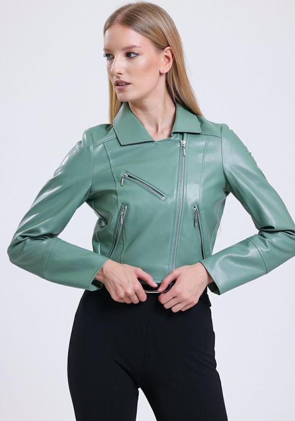 Sense Fermuar Detaylı Sunı Deri Motorcu Montu | Ckt34499 Küf Yeşili - Image 1