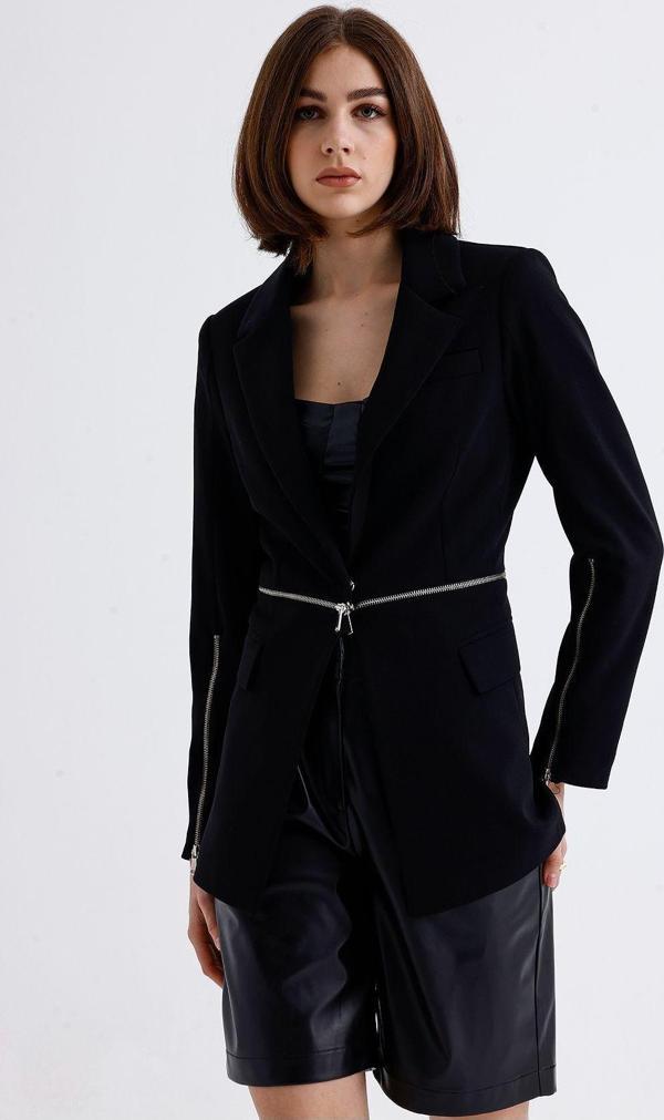 Sense Astarlı Beli Ve Kollar Metal Fermuarlı Scuba Krep Ceket | Ckt34819 Siyah - Image 1