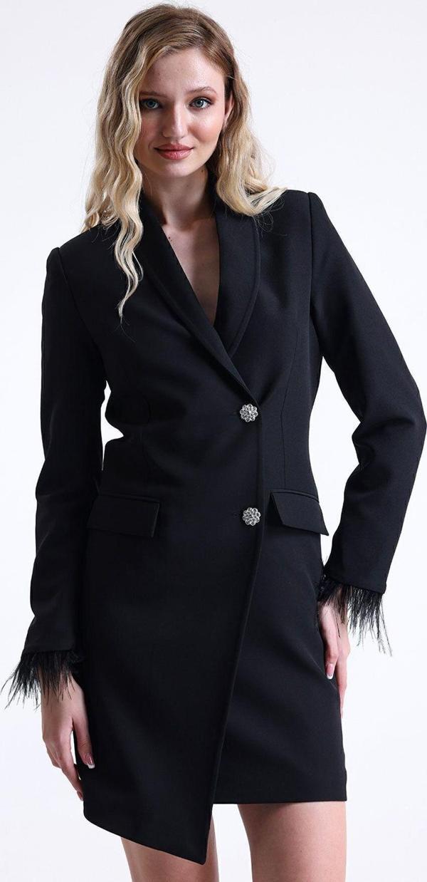 Sense Astarlı Sırtı Fermuar Detaylı Kruvaze Ceket Elbise | Ckt35223 Siyah - Image 1