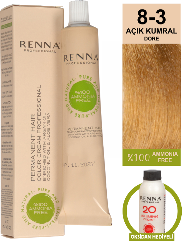 Renna Bitkisel Amonyaksız Saç Boyası 60 Ml 8-3 Açık Kumral Dore Oksidan Hediyeli - Image 1