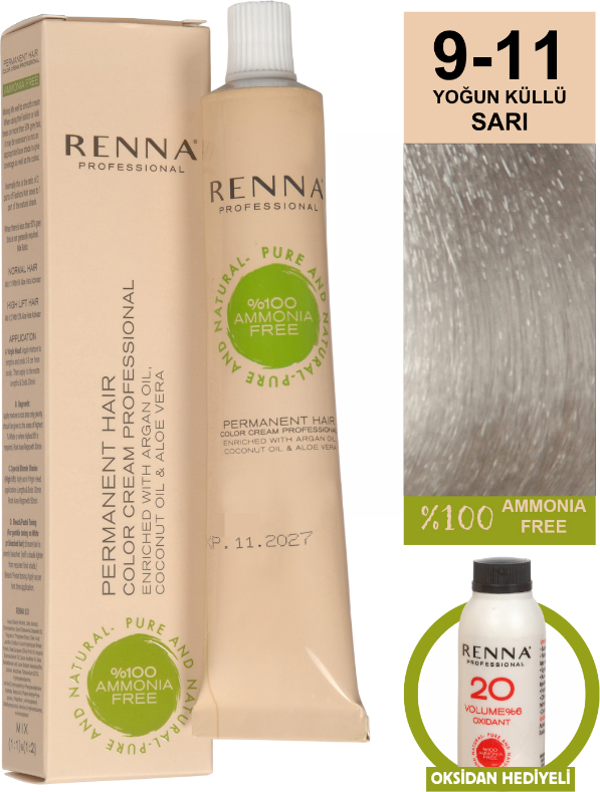 Renna Bitkisel Amonyaksız Saç Boyası 60 Ml 9-11 Yoğun Küllü Sarı Oksidan Hediyeli - Image 1