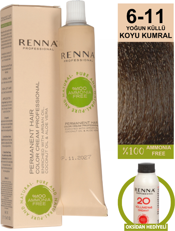 Renna Bitkisel Amonyaksız Saç Boyası 60 Ml 6-11 Yoğun Küllü Koyu Kumral Oksidan Hediyeli - Image 1