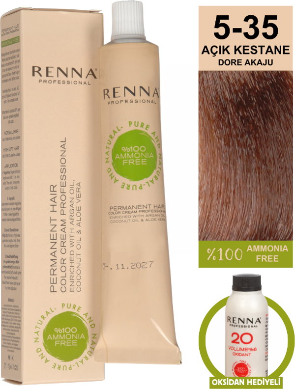Renna Bitkisel Amonyaksız Saç Boyası 60 Ml 5-35 Açık Kestane Dore Akaju Oksidan Hediyeli - Image 1