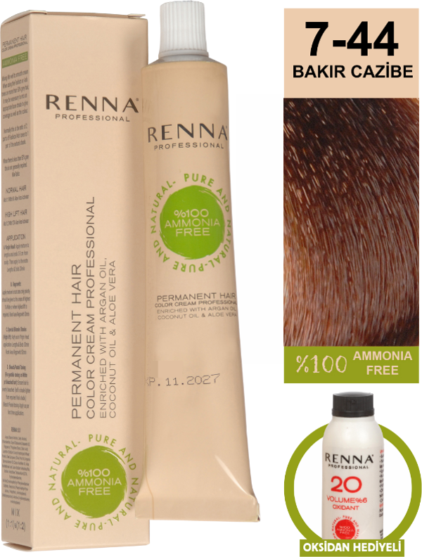 Renna Bitkisel Amonyaksız Saç Boyası 60 Ml 7-44 Bakır Cazibe Oksidan Hediyeli - Image 1