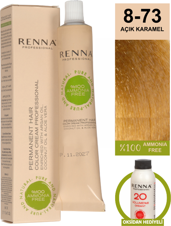 Renna Bitkisel Amonyaksız Saç Boyası 60 Ml 8-73 Açık Karamel Oksidan Hediyeli - Image 1