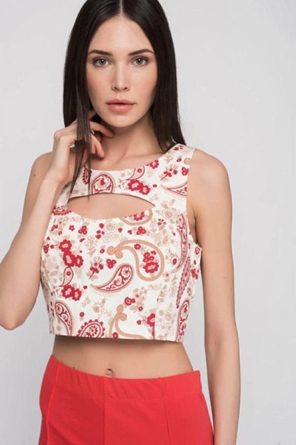 Sense Önü Pencereli Bluz | Blz14538 Kırmızı Çiçekli - Image 1