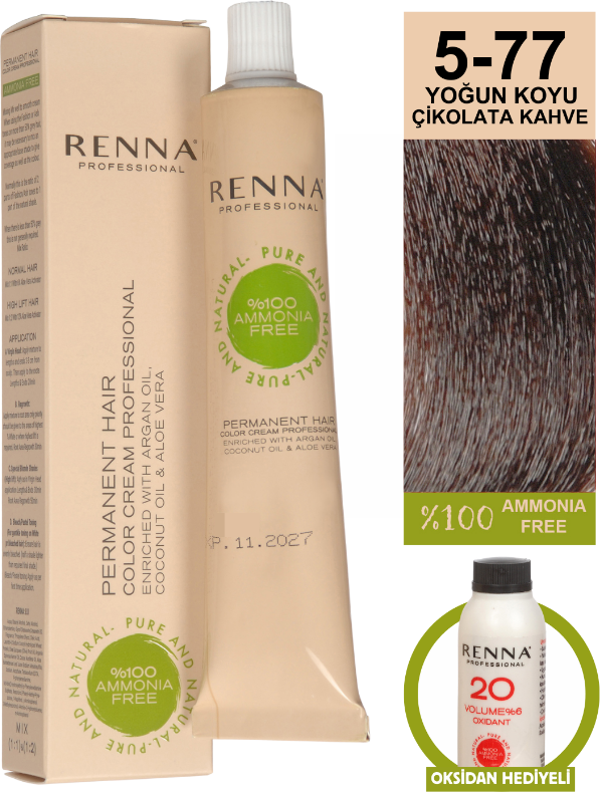 Renna Bitkisel Amonyaksız Saç Boyası 60 Ml 5-77 Yoğun Koyu Çikolata Kahve Oksidan Hediyeli - Image 1