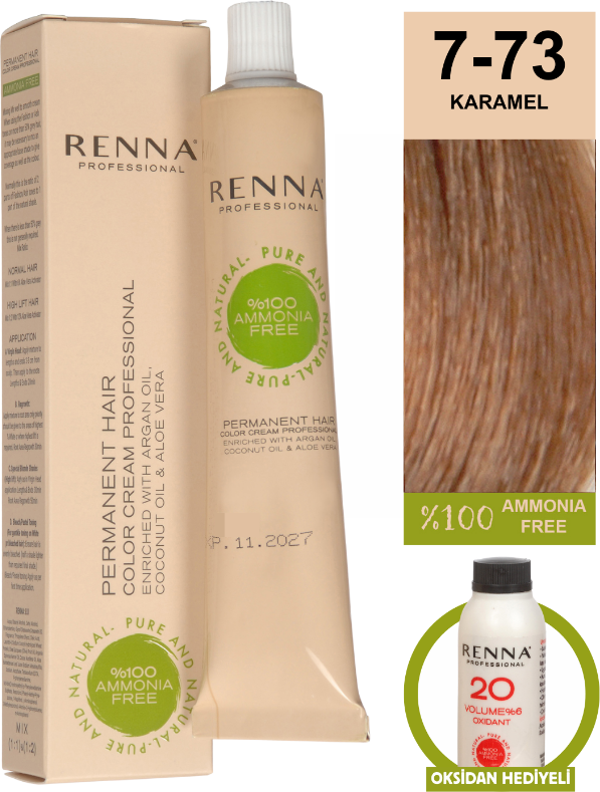Renna Bitkisel Amonyaksız Saç Boyası 60 Ml 7-73 Karamel Oksidan Hediyeli - Image 1