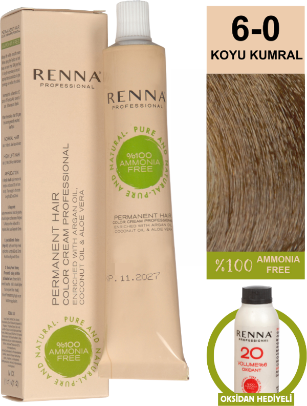 Renna Bitkisel Amonyaksız Saç Boyası 60 Ml 6-0 Koyu Kumra Oksidan Hediyeli - Image 1
