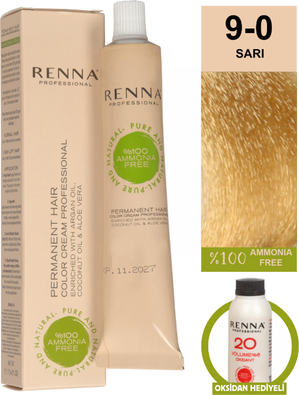 Renna Bitkisel Amonyaksız Saç Boyası 60 Ml 9-0 Sarı Oksidan Hediyeli - Image 1