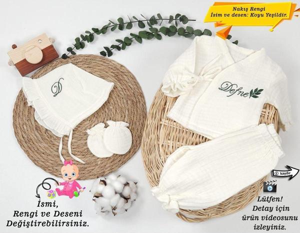 Yeni Doğan %100Pamuk Organik 4Katlı Müslin Kumaş 4lü Bağcıklı Tulum(Kişiye Özgü İsimli Nakış Desen) - Image 1