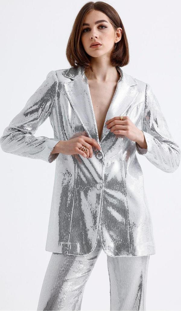Sense İci Astarlı  Abiye Pul Payet Ceket | Ckt34264 Gumus - Image 1