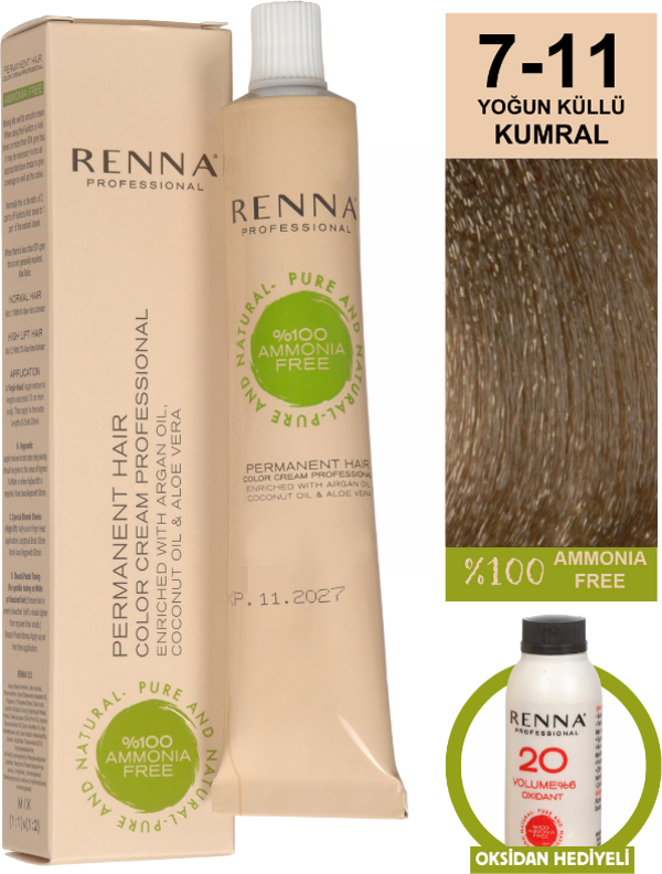 Renna Bitkisel Amonyaksız Saç Boyası 60 Ml 7-11 Yoğun Küllü Kumral Oksidan Hediyeli - Image 1