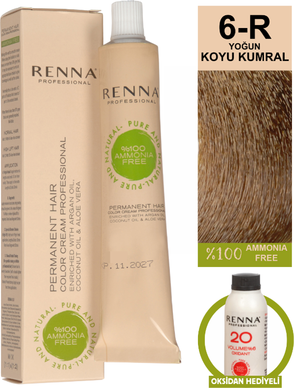Renna Bitkisel Amonyaksız Saç Boyası 60 Ml 6-R Yoğun Koyu Kumral Oksidan Hediyeli - Image 1