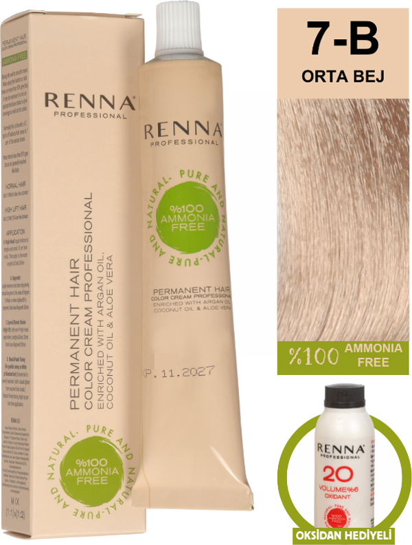Renna Bitkisel Amonyaksız Saç Boyası 60 Ml 7-B Orta Bej Oksidan Hediyeli - Image 1